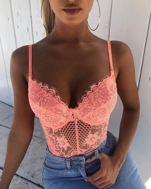 Cryptographic Lace Floral Mesh Sexy Lace Bodysuits Women Party Night Club Summer Backless Sheer Bodysuit Lingerie Female Body