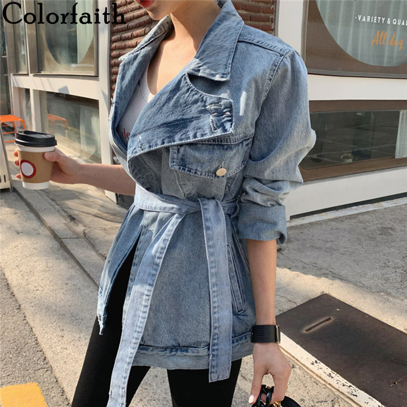 Colorfaith New 2020 Spring Autumn Women's Denim Jackets Casual Turn-down Collar Sashes Streetwear Asymmetrical Jeans Tops JK6775