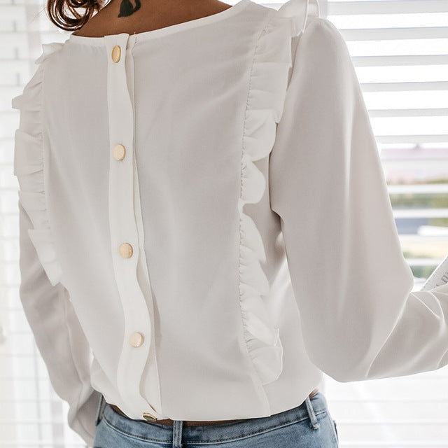 Women Ruffles White Back Buttons OL Blouse O-Neck Long Sleeve Solid Tops Female 2020 Spring Autumn Fashion Casual Blouses Ladies