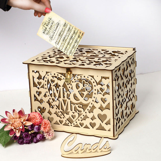 Wedding Card Boxes Wooden Box Wedding Supplies DIY Couple Deer Bird Flower Pattern Grid Business Card Wooden Box