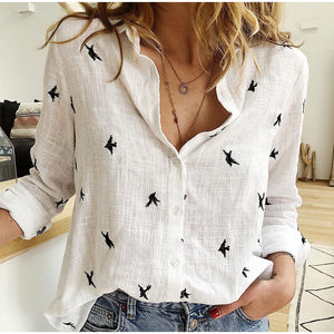 Spring Summer Birds Printed Women's Shirts White Casual Long Sleeve Female Office Shirt Loose Plus Size 5XL Ladies Tops 2020