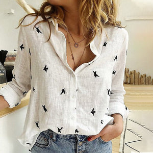 Spring Summer Birds Printed Women's Shirts White Casual Long Sleeve Female Office Shirt Loose Plus Size 5XL Ladies Tops 2020