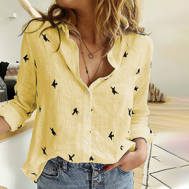 Spring Summer Birds Printed Women's Shirts White Casual Long Sleeve Female Office Shirt Loose Plus Size 5XL Ladies Tops 2020