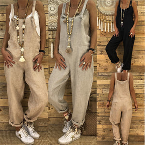 New Women Sleeveless Cotton Linen Overalls Summer Elegant Jumpsuits Romper Casual Vintage Ladies balck Pants Wide Leg Pants 5XL