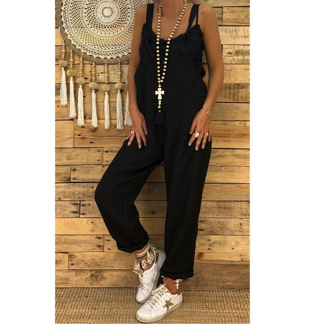 New Women Sleeveless Cotton Linen Overalls Summer Elegant Jumpsuits Romper Casual Vintage Ladies balck Pants Wide Leg Pants 5XL