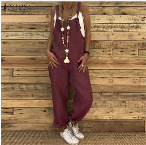 New Women Sleeveless Cotton Linen Overalls Summer Elegant Jumpsuits Romper Casual Vintage Ladies balck Pants Wide Leg Pants 5XL